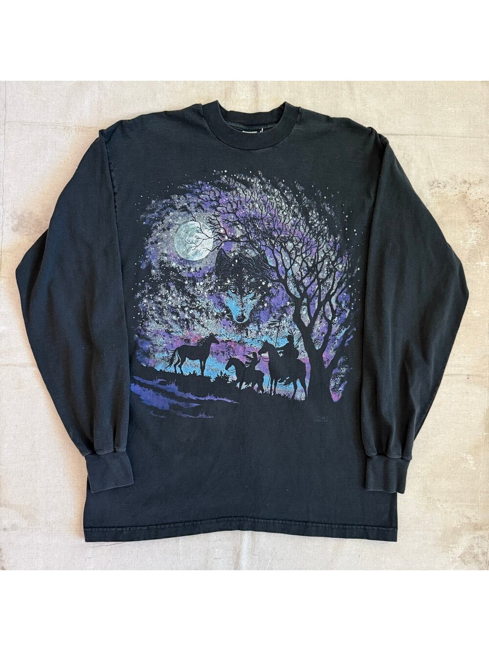 Vintage 90s Howling Wolf Full Moon Wildlife Nature Long Sleeve T-Shirt Size XL